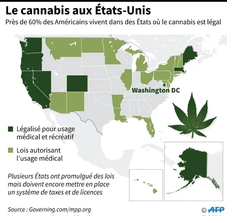 Carte des États des États-Unis aillant légalisé le Cannabis (juin 2024).