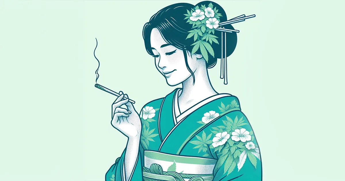 Illustration d'une femme en tenue traditionnelle japonaise entrain de fumer un joint de CBD.