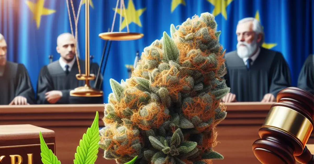 Trois Juges de la Cours de Justice de L'union Européenne jugeant une fleur de CBD située devant eux comme n'étant pas une drogue