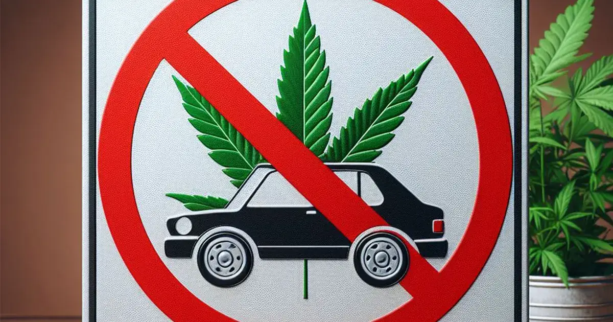 Panneau routier d'interdiction représentant une voiture devant une fleur de CBD