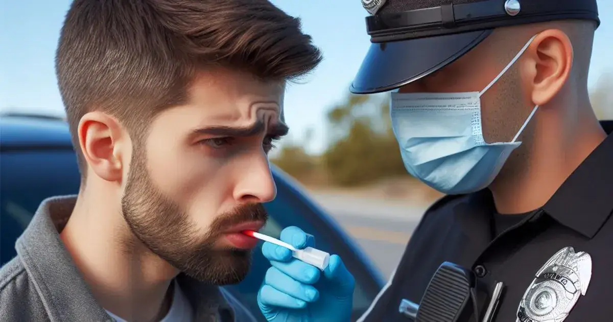 Policier avec des gants en latex bleu effectuant un dépistage salivaire sur un homme ayant pratiqué la conduite après la consommation de CBD