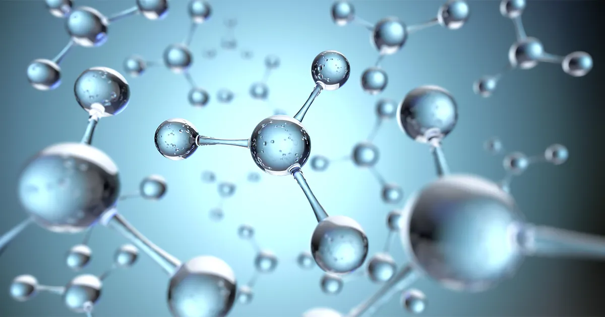 Représentation imagée de molécules translucides sur un fond gris bleuté pour illustrer les compositions chimiques des souches de Cannabis