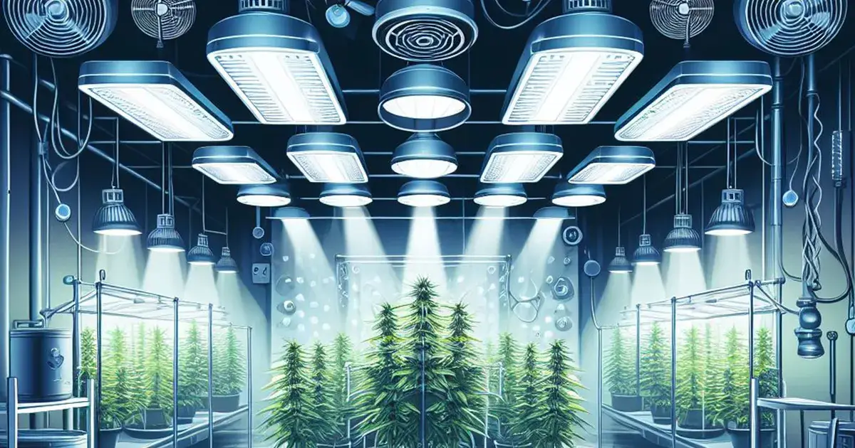 Illustration d'une salle de culture Indoor de Cannabis avec ses lampes, ses ventilateurs et des plantes poussant au centre et sur les cotés