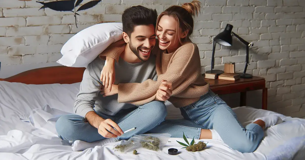 Couple entrain de s'amuser sur un lit avec du CBD sur le lit pour augmenter leur plaisir sexuel.