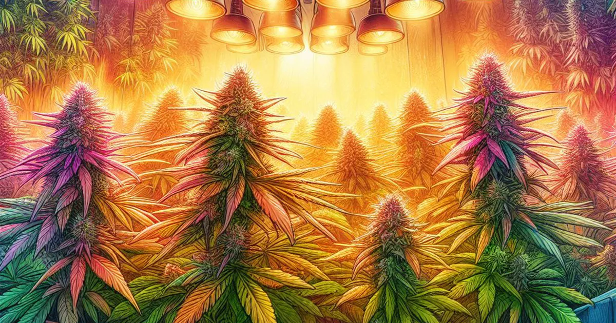 Dessin d'une Culture de Cannabis en Intérieur avec les plantes en fleurs au premier plan et les Lampes de Culture au-dessus