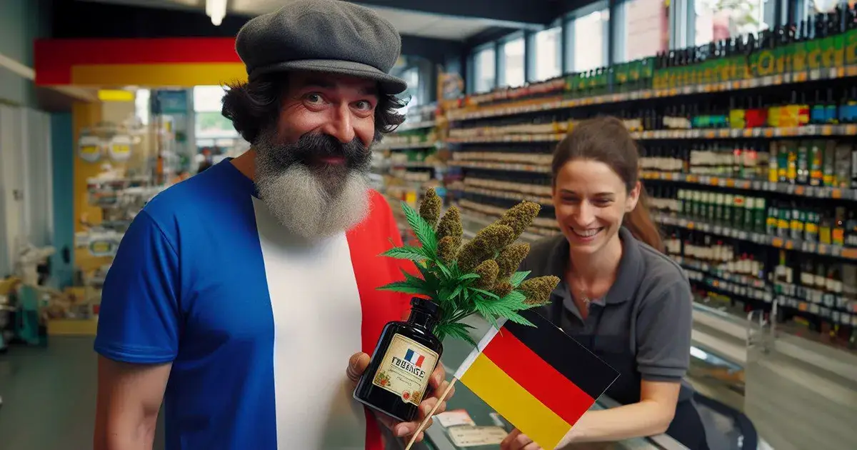 Un vieil homme barbu avec un béret et un t-shirt aux couleurs du drapeau français entrain d'acheter du cannabis dans un point de vente en Allemagne depuis la légalisation du cannabis en Allemagne.