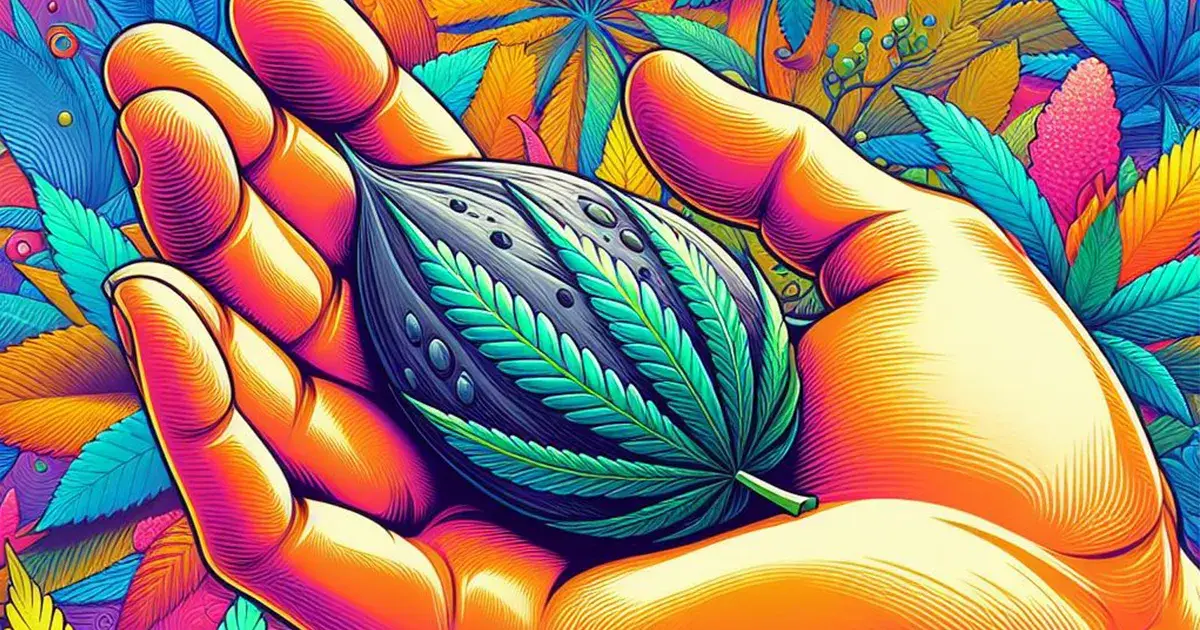 Illustration psychédélique d'une main tenant une énorme graine de cannabis sur laquelle est représenter une feuille de Chanvre