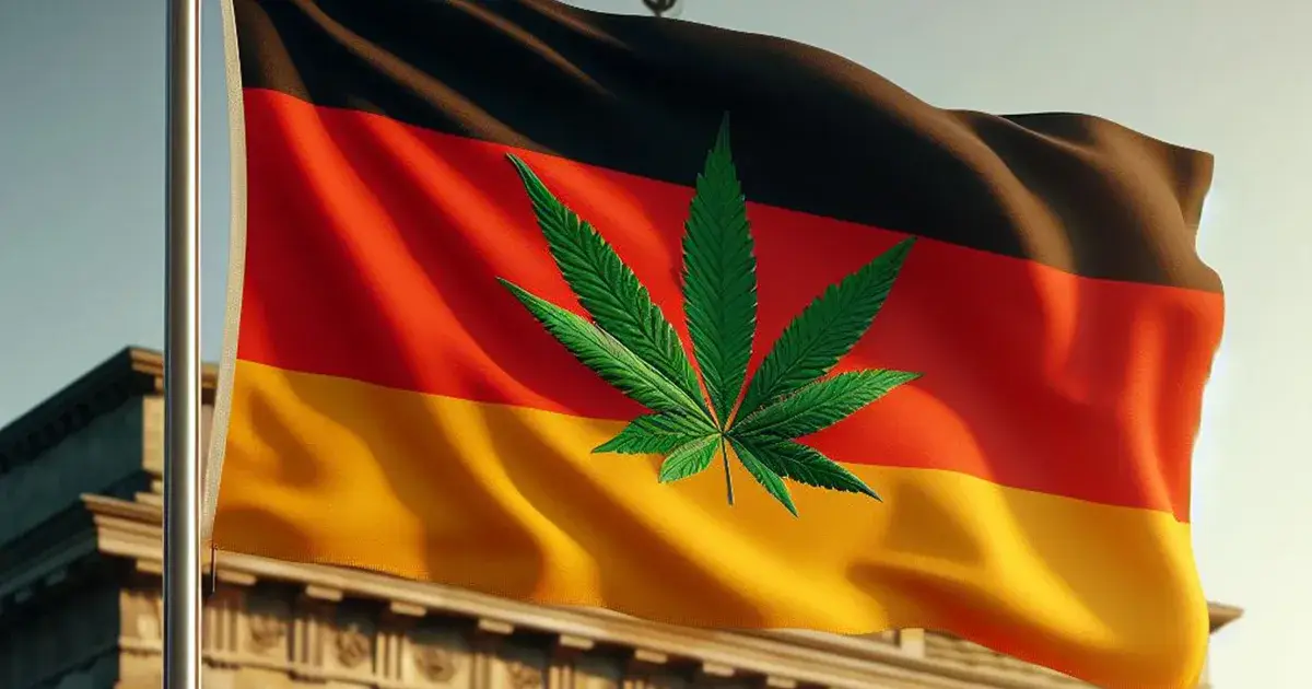 Drapeau allemand au dessus du parlement avec une feuille de cannabis par dessus.