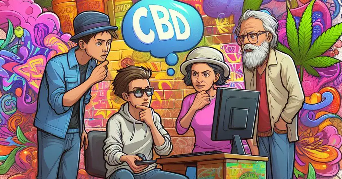 Dessin type cartoon d'une famille entrain de regarder sur l'ordinateur des informations sur les Questions Fréquentes sur le CBD pour y trouver des réponses.