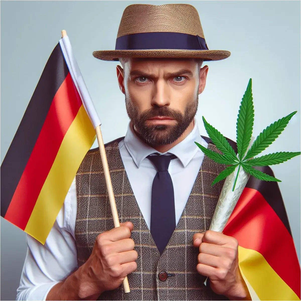 Homme avec un chapeau et un style allemand tenant dans une main le drapeau de l'Allemagne et de l'autre une Feuille de Cannabis.