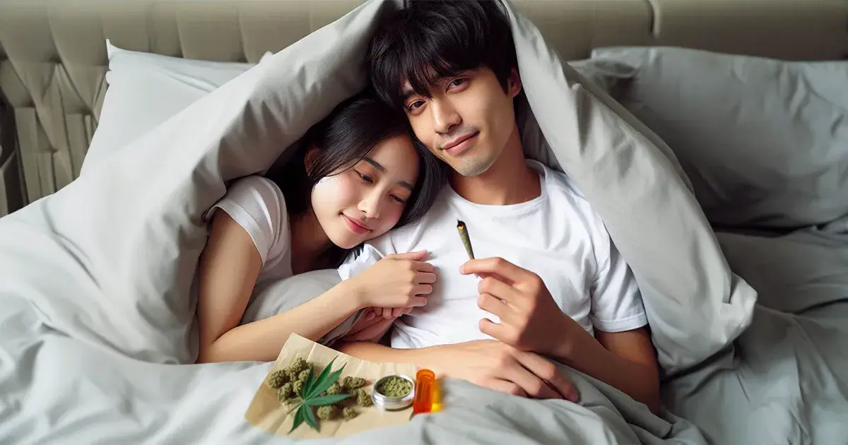 Un homme et une femme asiatique dans un lit sous la couette avec un joint de cannabis dans les mains pour augmenter leur plaisir sexuel.