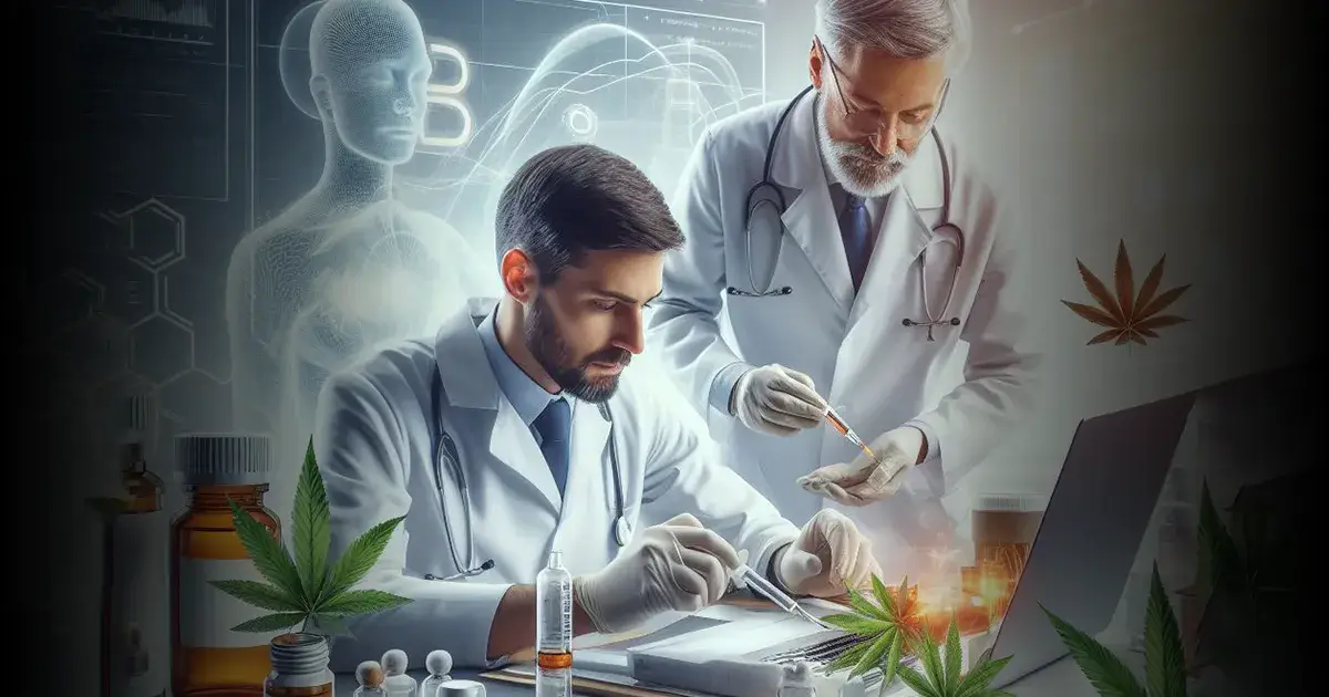 Art numérique de chercheurs entrain d'effectuer une étude scientifique pour utiliser le Cannabis pour traiter l'Autisme.