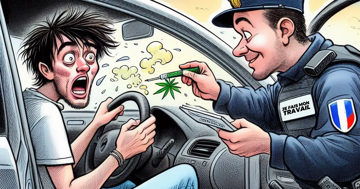 Caricature d'un policier français entrain d'effectuer un test de dépistage du THC à un conducteur qui semble étonné.
